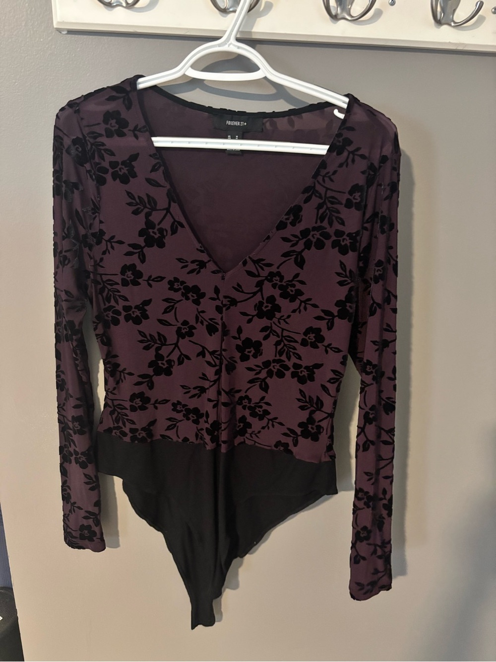 Forever 21 Plum and Black Floral V-Neck Velvet Devore Bodysuit